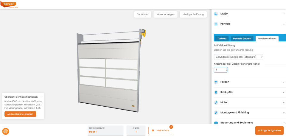 Unterteilung der Full Vision Paneele und Anzahl der Fenster beim Compact Tor wählbar