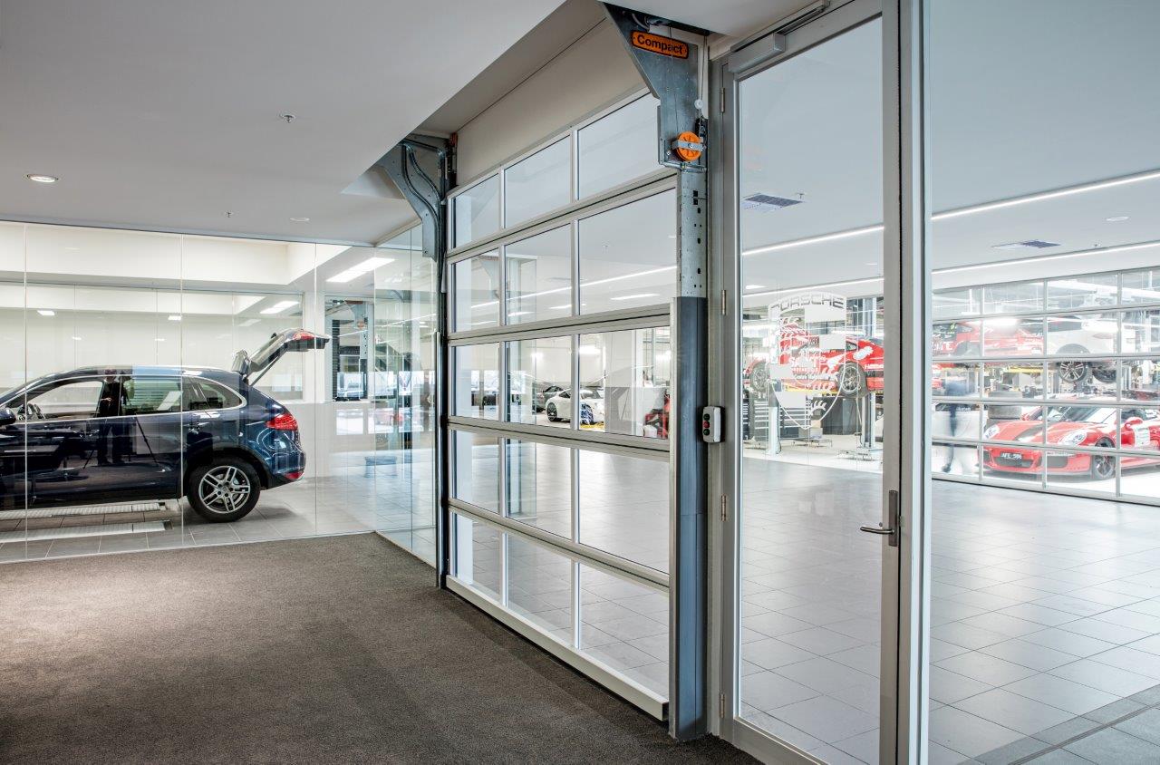 full glass doors at this car dealership