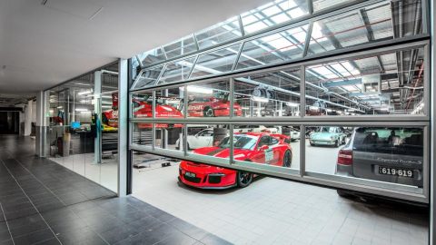 Compact doors as a partition at this car dealership